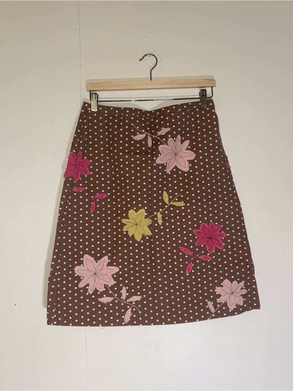 Boden Brown Polka Dot A-Line Skirt with Pink & Yellow Floral Appliqués